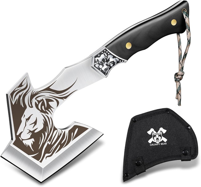 GRUMPY BEAR Camping Hatchet with Lion Carving, Full Tang Outdoor Axe with Decorative Handle, Durable Forged Blade for Hiking, Bushcraft, and Survival - Image 1